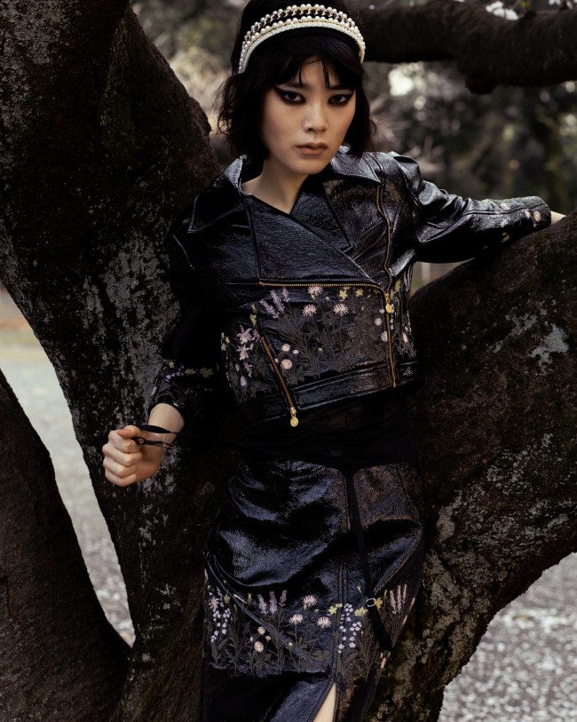 Embroidered PVC Jacket and Skirt by Disaya