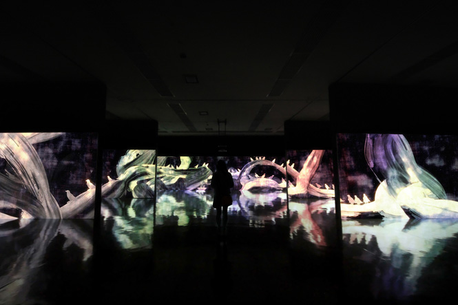 『追われるカラス、追うカラスも追われるカラス、そして分割された視点 — Light in Dark』（2014年） 日本古来の空間認識の論理構造を3次元空間上に再構築した、日本初公開のデジタルインスタレーション作品（音楽：高橋英明）