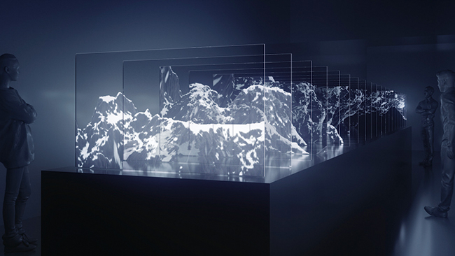 『RENDER』（2018年）透明有機ELディスプレイ20枚を重ね、光 や映像の相互作用を体感させる大型の新作（完成予想図）　