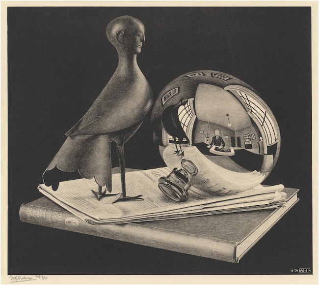 『球面鏡のある静物』（1934年）　All M.C. Escher works copyright © The M.C. Escher Company B.V. - Baarn-Holland.  All rights reserved. www.mcescher.com