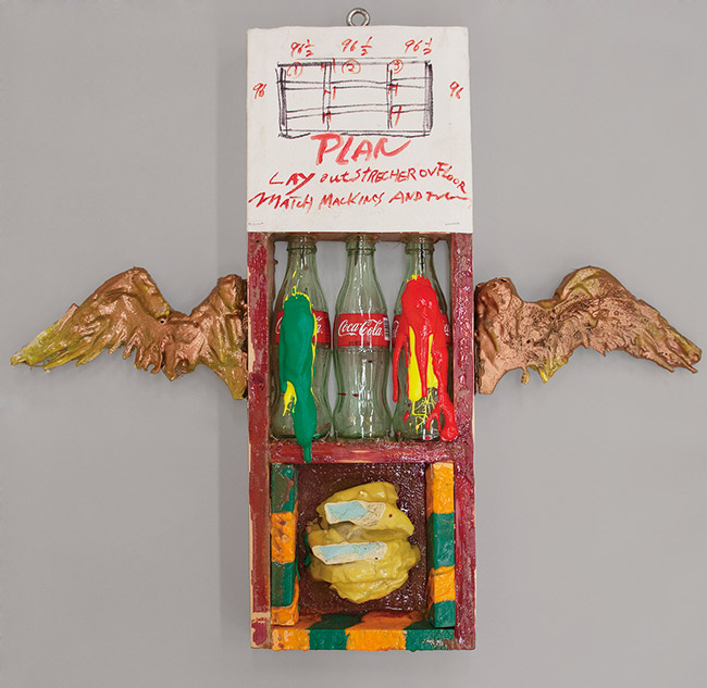 篠原有司男の作品より、ロバート・ラウシェンバーグの1958年発表作を写した“イミテーション・アート”の再制作作品『Coca-Cola Plan』（2015年）　©Ushio + Noriko Shinohara　Courtesy of ANOMALY