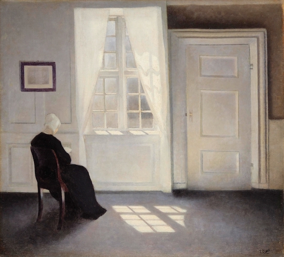 ヴィルヘルム・ハマスホイ『陽光の中で読書する女性、ストランゲーゼ30番地』（1899年）