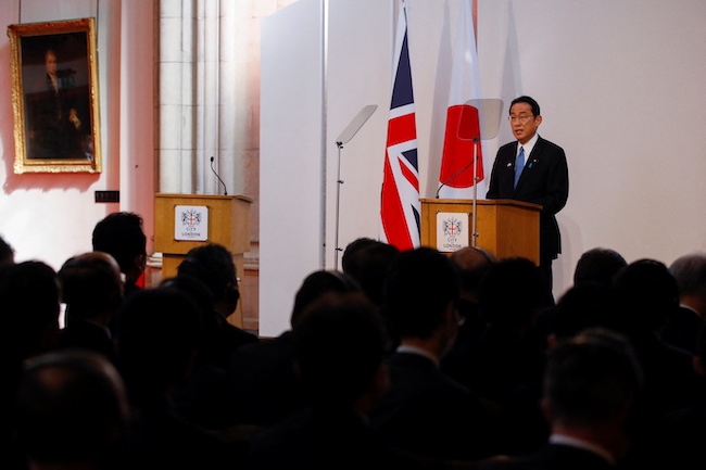 英・ロンドンの金融街で講演する岸田首相 Photo：Aflo