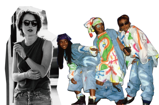 （左）1990年代の若者を描く映画『リアリティ・バイツ』公開。主演のウィノナ・ライダーのタンクトップとジーンズが時代のアイコンに。　（右）1992年のビルボード・ミュージック・アワードに、オーバーサイズデニムで出席したTLC。