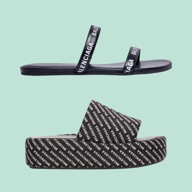 （上）「ROUND FLAT SANDAL」¥77,000（下）「RISE SANDAL」ヒール5.5cm ¥75,900／ともにBalenciaga（バレンシアガ クライアントサービス 0120-992-136）