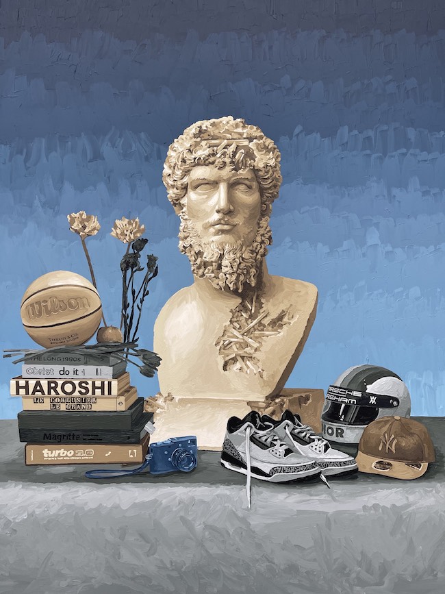 Daniel Arsham Still Life with Eroded Bust of Lucius Verus, Sneakers, Helmet, and Basketball, 2022 Courtesy the artist and Perrotin.