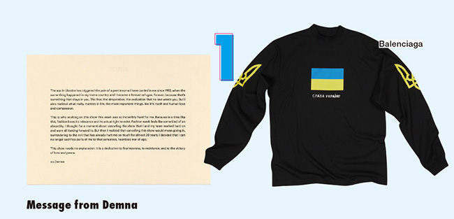 配布した反戦を訴えるレター。ウクライナの再建と難民を支えるチャリティTシャツには、「UNITED24」へのQRコードと「SCAN to HELP」プリントが背面に。