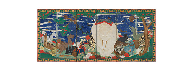 伊藤若冲『鳥獣花木図屏風』（右隻）六曲一双　18世紀後半　出光美術館蔵　「奇想の系譜」を代表する人気絵師が「枡目描き」の技法で動植物の楽園を描いた傑作（記事末尾に展示情報あり）。