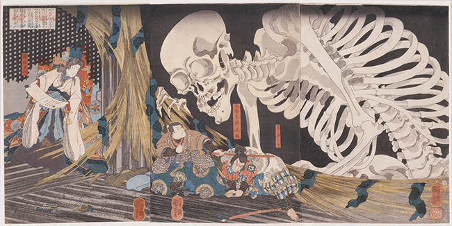  歌川国芳『相馬の古内裏』大判錦絵3枚続　19世紀　天保（1830-48年）後期　千葉市美術館蔵　現代のストリートアートシーンからも絶大な人気を誇る反骨の浮世絵師。妖怪退治の一場面を大胆な構図で表現した。