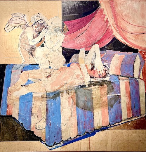 figure abstraction.fetish nuance 66 (the Visitation), 2022-2023, 122 x 122 cm, oil and acrylic, mixed media on wood panel