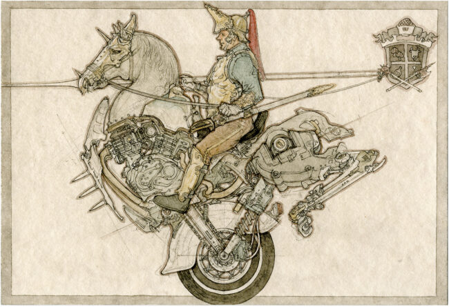 【11】『日清日露戦役擬畫（にっしんにちろせんえきぎが）』より『フランス重騎兵』2002年　初期の人気レパートリー、馬とSF風のメカが合体した通称“馬バイク”を描いた一点。 ©YAMAGUCHI Akira, Courtesy of Mizuma Art Gallery
