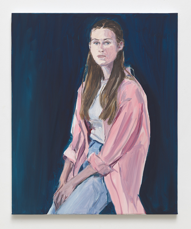 #A1
Jean-Philippe Delhomme, Sofia with pink shirt, 2023. Oil on canvas, wood frame Framed: 65 x 54 cm | 25 9/16 x 21 1/4 inch. Courtesy of the artist and Perrotin. 