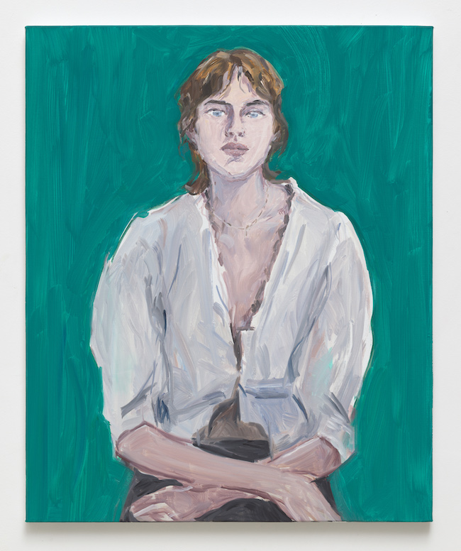 #A3 Jean-Philippe Delhomme, Léa in white shirt, 2023. Oil on canvas, wood frame. Framed: 65 x 54 cm | 25 9/16 x 21 1/4 inch. Courtesy of the artist and Perrotin. 