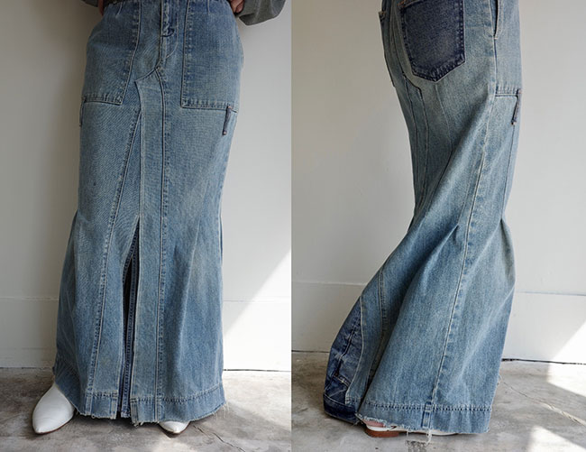 デニムスカート ¥36,300。デニムパンツを解体してスカートに。色落ちの異なるデニムを組み合わせることでコントラストがきいている。