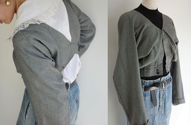 パンツジャケット ¥41,800 「BELLEDE」の在庫だったウールパンツを薄手のジャケットにリメイク。