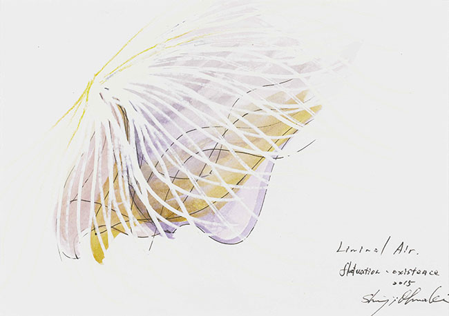 パリのエルメス セーブル店の個展に際して制作された宙を舞う布の作品『Liminal Air Fluctuation- Existence』のためのドローイング　2015年（参考図版）