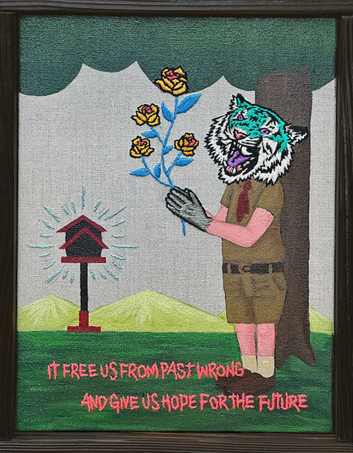 It free us from past wrong and give us hope for the future, 2023, embroidery and acrylic on linen, 35.8 x 26.8 x 4.0 cm