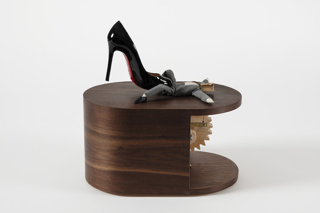 Nick Doyle, More, 2024, Wood, brass, cashmere, cotton, paper, hardware, Louboutin shoe, 45.1 x 36.8 x 43.2 cm | 17 3/4 x 14 1/2 x 17 1/2, inch, Photo by Guillaume Ziccarelli, Courtesy of the artist and Perrotin