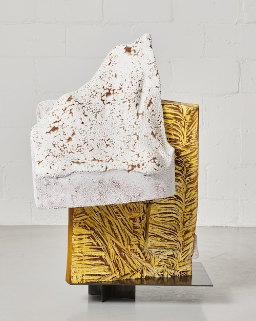 Arlene Shechet The Hills Are Alive, 2023. Glazed ceramic, painted and dyed hardwood, steel, 42" ×37" × 26" (106.7 cm × 94 cm ×66 cm). © Arlene Shechet, courtesy Pace Gallery