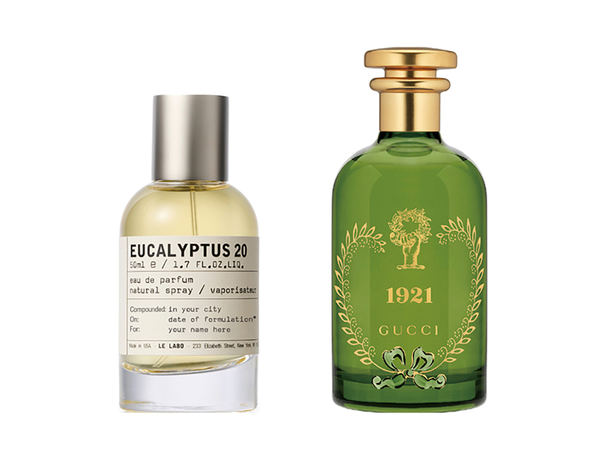 左から：遠く広がる大地を感じさせるユーカリとシダーウッドの融合。レザーのような温かさを持つラブダナムに、フランキンセンスやムスクのベースで心落ち着く香りの体験を。ユーカリプタス20 オード パルファム 50ml ¥30,800／Le Labo（ル・ラボ）　グッチの歴史を年号としてその名に冠した、職人技が活きるフレグランス。オークモスの緑豊かな森に包まれるような香り。ザ アルケミスト コレクション ガーデン 1921 オードパルファム 100ml ￥50,050／Gucci（グッチ ビューティ）