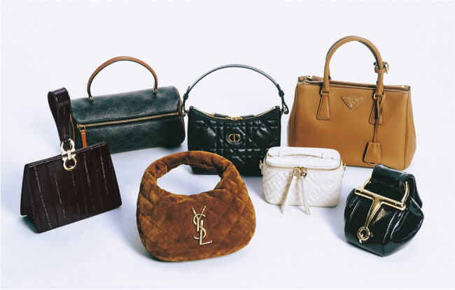 〈左上から時計回りに〉バッグ（H13×W27.5×D12cm）￥247,500（予定価格）／Celine（セリーヌ ジャパン）　バッグ（H17×W21×D7cm）￥390,000／Dior（クリスチャン ディオール）　バッグ（H19.5×W28×D12cm）￥781,000（予定価格）／Prada（プラダ クライアントサービス）　バッグ（H13×W10×D13cm）￥363,000／Gucci（グッチ クライアントサービス）　バッグ（H11×W16×D8cm）￥280,500／Fendi（フェンディ ジャパン）　バッグ（H16×W22×D7.5cm）￥445,500／Saint Laurent by Anthony Vaccarello（サンローラン クライアントサービス）　バッグ（H15.5×W20.5×D8cm）￥319,000／Ferragamo（フェラガモ･ジャパン）