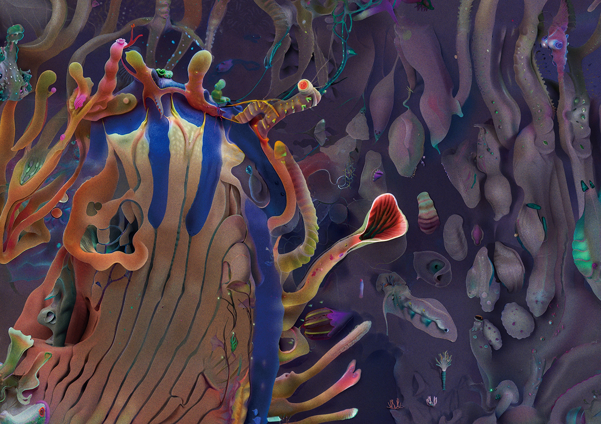 湧昇現象と海洋生態系にまつわる各種データやイメージの“もつれ合い”によって形成された作品。 エンタングルド アザーズ『specious upwellings(見せかけの湧昇)』2022-24年(部分)