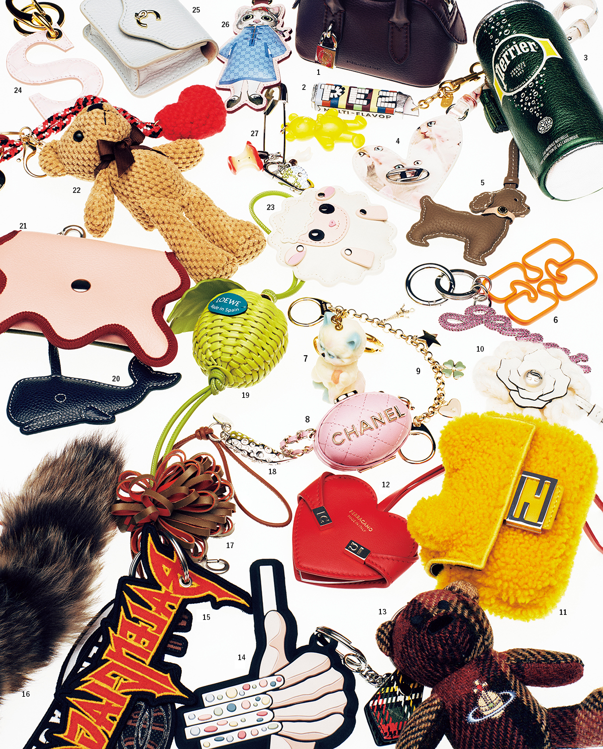 1.バッグモチーフのチャーム￥69,300（参考色）／Stella McCartney（ステラ マッカートニー カスタマーサービス）　2.「PEZ」チャーム￥35,200　3.「Perrier」チャーム¥59,400 ／ともにAnya Hindmarch（アニヤ・ハインドマーチ ジャパン）　4.猫プリントのハートのチャーム￥16,500／Diesel（ディーゼル ジャパン）　5.犬のチャーム￥19,800／Bonaventura（ボナベンチュラ カスタマーサポート）　6.ロゴのチャーム￥27,500／Ganni（ガニー）　7.猫のチャーム￥96,800／Valentino Garavani（ヴァレンティノ インフォメーションデスク）　8.オーバル型のピンクのチャーム￥280,500／Chanel（シャネル カスタマー ケア センター）　9.シグネチャー付きチェーンのチャーム￥76,000／Dior（クリスチャン ディオール）　10.白いローズのチャーム￥39,600／Jimmy Choo（ジミー チュウ）　11.黄色いシアリングのチャーム￥179,300（メンズ製品／10月発売予定・予定価格）／Fendi（フェンディ ジャパン）　12.赤いハートのチャーム￥69,300／Ferragamo（フェラガモ･ジャパン）　13.チェック柄のクマチャーム￥63,800／Vivienne Westwood（ヴィヴィアン・ウエストウッド）　14.ネイルアートモチーフのチャーム￥17,600／Marc Jacobs（マーク ジェイコブス カスタマーセンター）　15.ロゴのチャーム￥86,900（予定価格）／Balenciaga（バレンシアガ クライアントサービス）　16.テールのチャーム￥122,100／Chloé（クロエ カスタマーリレーションズ）　17.レザーのフラワーのチャーム￥67,100（予定価格）／Miu Miu（ミュウミュウ クライアントサービス）　18.レザーのキーリング￥72,600／Marni（マルニ ジャパン クライアントサービス）　19.レザーで編まれたアップルのチャーム￥91,630／Loewe（ロエベ ジャパン クライアントサービス）　20.クジラのチャーム￥61,600／Thom Browne（トム ブラウン 青山）　21.ピンクのカードホルダー￥18,700／Nori Enomoto（ノリ エノモト）　22.クマのチャーム￥9,900／Viamailbag（バーニーズ ニューヨーク カスタマーセンター）　23.羊モチーフのチャーム￥25,300／Weekend Max Mara（マックスマーラ ジャパン）　24.「S」型のチャーム￥33,000／Wandler（ブルーベル・ジャパン ファッション事業本部）　25.スクエアのエアポッズケース￥14,300／Coccinelle（コチネッレ）　26.猫のキーチェーン￥93,500／Gucci（グッチ クライアントサービス）　27.安全ピン風チャーム￥30,800／Tory Burch（トリー バーチ ジャパン）