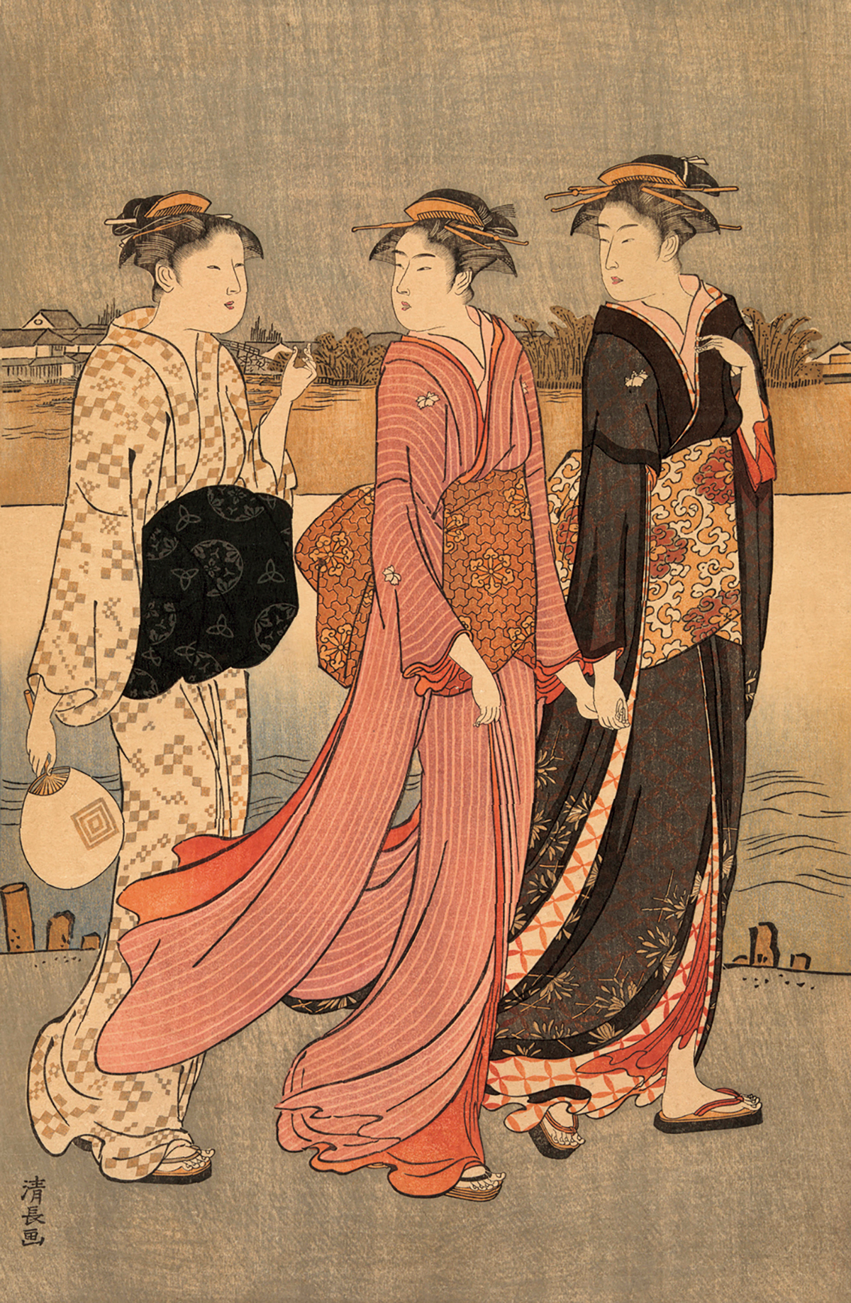 鳥居清長の浮世絵『大川端の夕涼』。江戸時代の女性は着物を重ねていた。ともに©Aflo