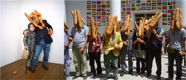 左から）『パフォーマンス（パン人間の息子＋アルツハイマーの母）』（ギャラリー現、東京）1996,Bread Men at the Venice Biennial 2001 Venice, Italy VENEZIA