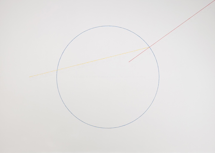 ソル・ルウィット『ウォール・ドローイング #283 青色の円、赤色の直線、黄色の直線の位置』(初回展示 1976年、
2017年 イェール大学美術館ウェストキャンパス・コレクションセンター(コネチカット州ウェストヘイブン)での展示) © 2025 The LeWitt Estate / Artists Rights Society (ARS), New York. Courtesy Paula Cooper Gallery.