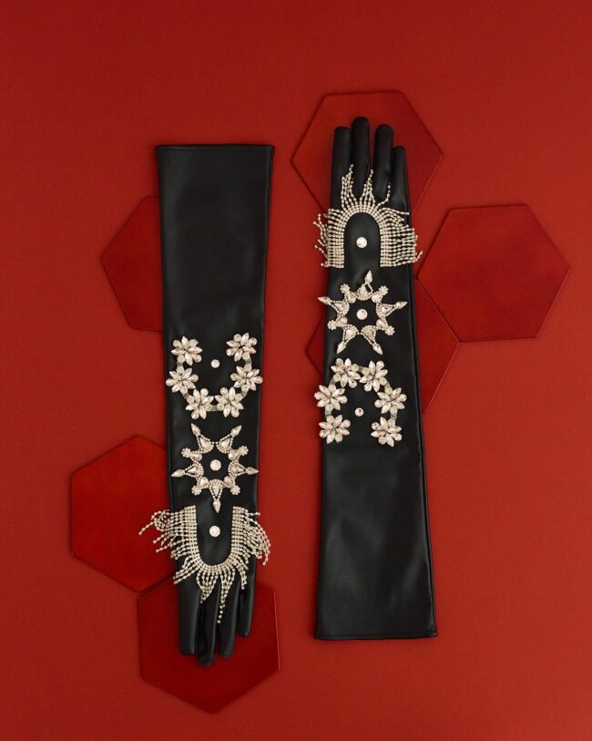 ビジュー刺繍ロンググローブ ¥148,500/Telma