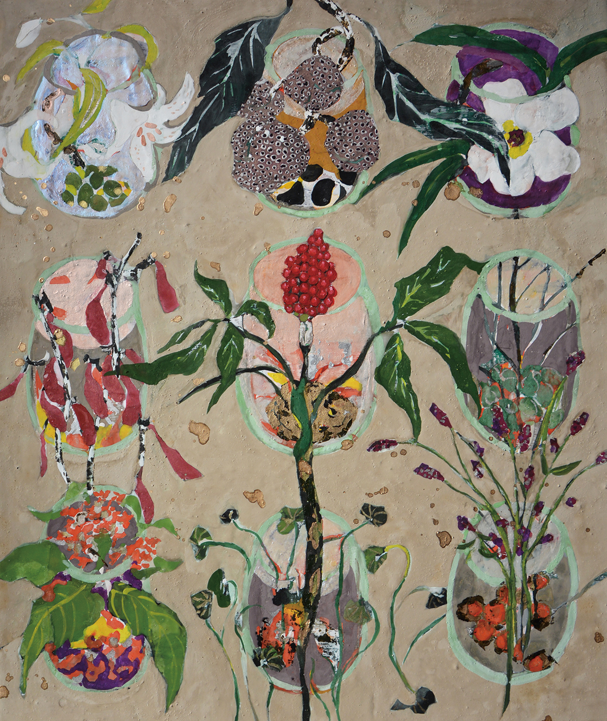 保存瓶に入ったさまざまな薬草をモチーフにした『休らう薬草』2020年。「あいち2025」にも出展されている。