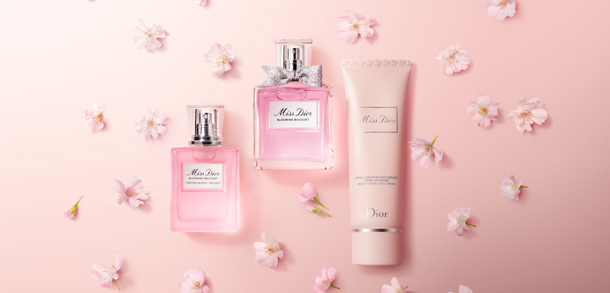 左から： ミス ディオール ブルーミング ブーケ ヘア ミスト 30ml ¥7,700、ミス ディオール ブルーミング ブーケ 30ml ¥9,240、50ml ¥14,520、100ml ¥20,350、ミス ディオール ハンド クリーム 50ml ¥6,600