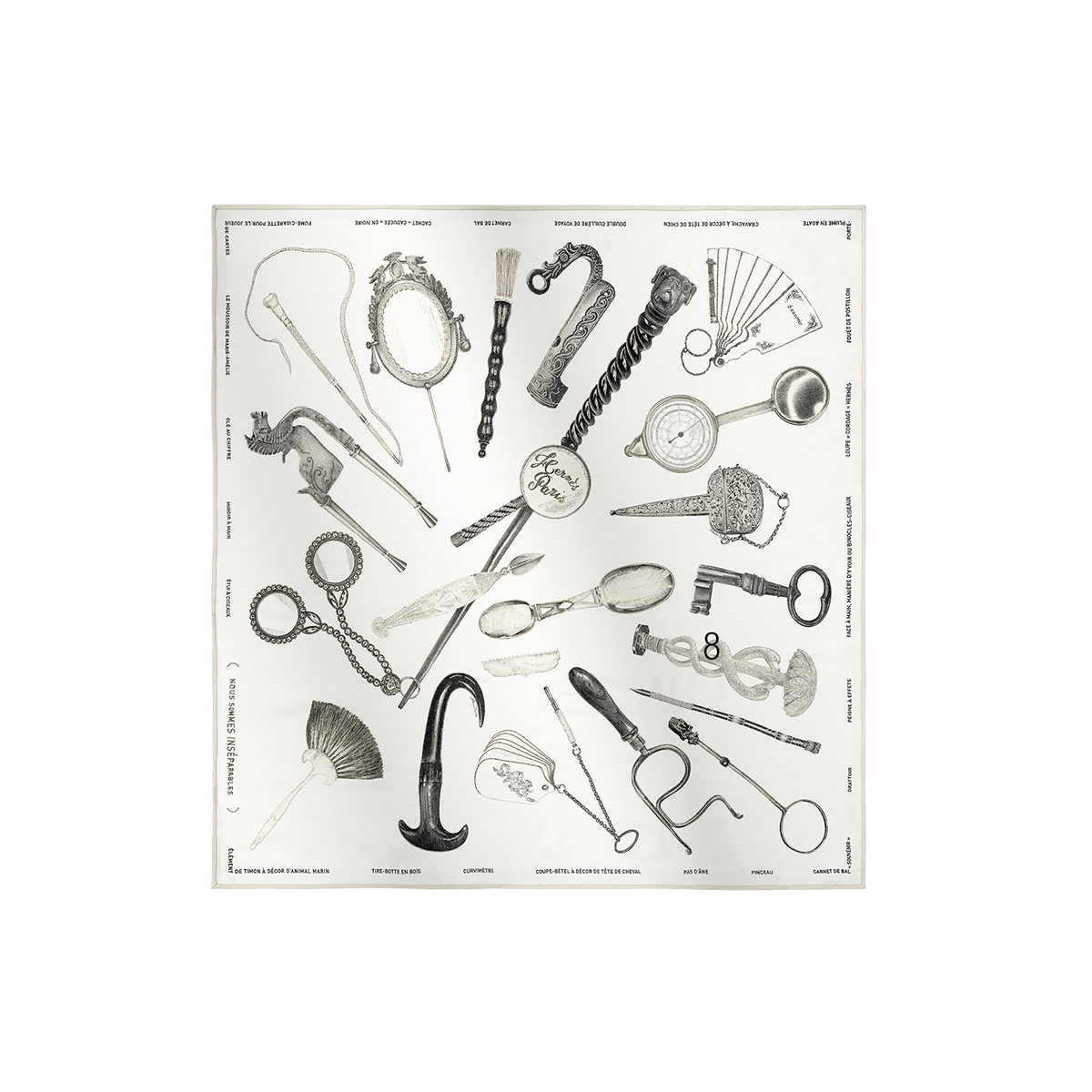 ツールモチーフがプリントされたユーモラスなスカーフ（90×90cm）¥715,000／Hermès（エルメスジャポン）