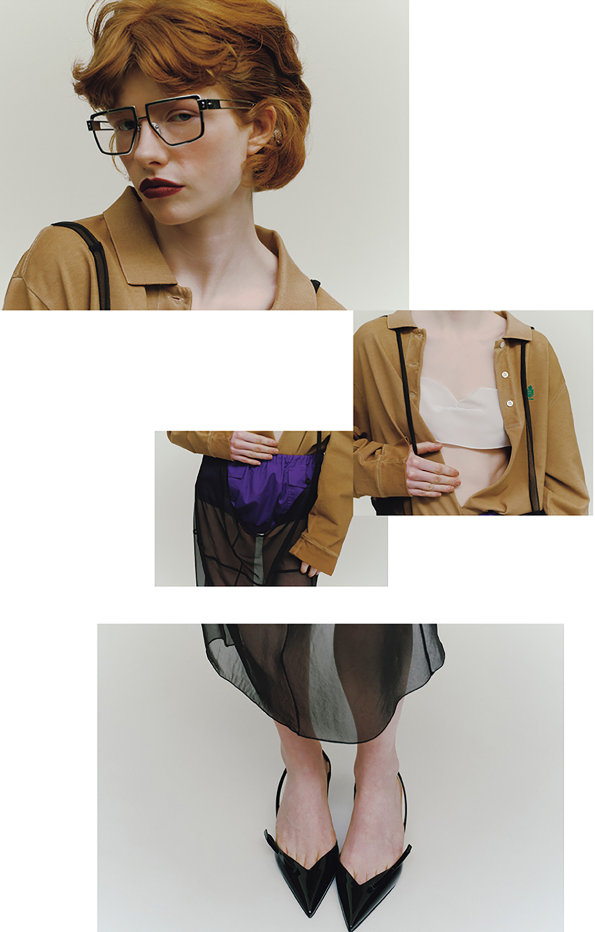 トップ￥231,000　ブラ 参考商品　スカート￥253,000　ショーツ￥105,600　アイウェア￥181,500　シューズ￥192,500（すべて予定価格）／Prada（プラダ クライアントサービス）