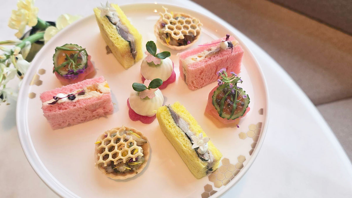 「新玉葱のムースとグリーンピースのピュレ　桜を象った根菜のピクルス」、「蛤とアスパラガスのタルタル　ハーブと桜のポン酢ジュレ」など、春の食材をふんだんに使ったセイボリー