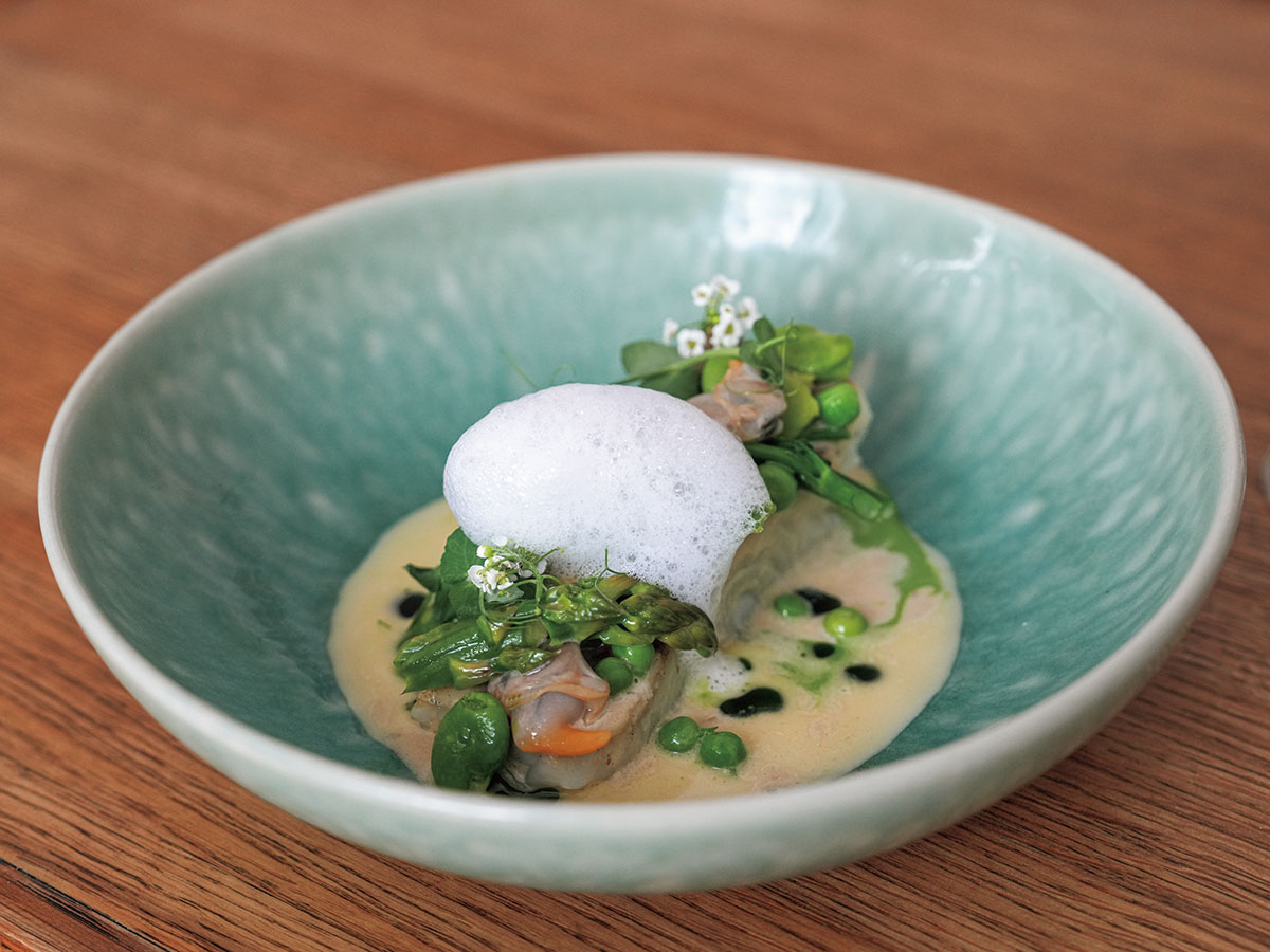 メイン料理のタラとエンドウ豆のピレ。ソースは貝の出汁を泡立てて。