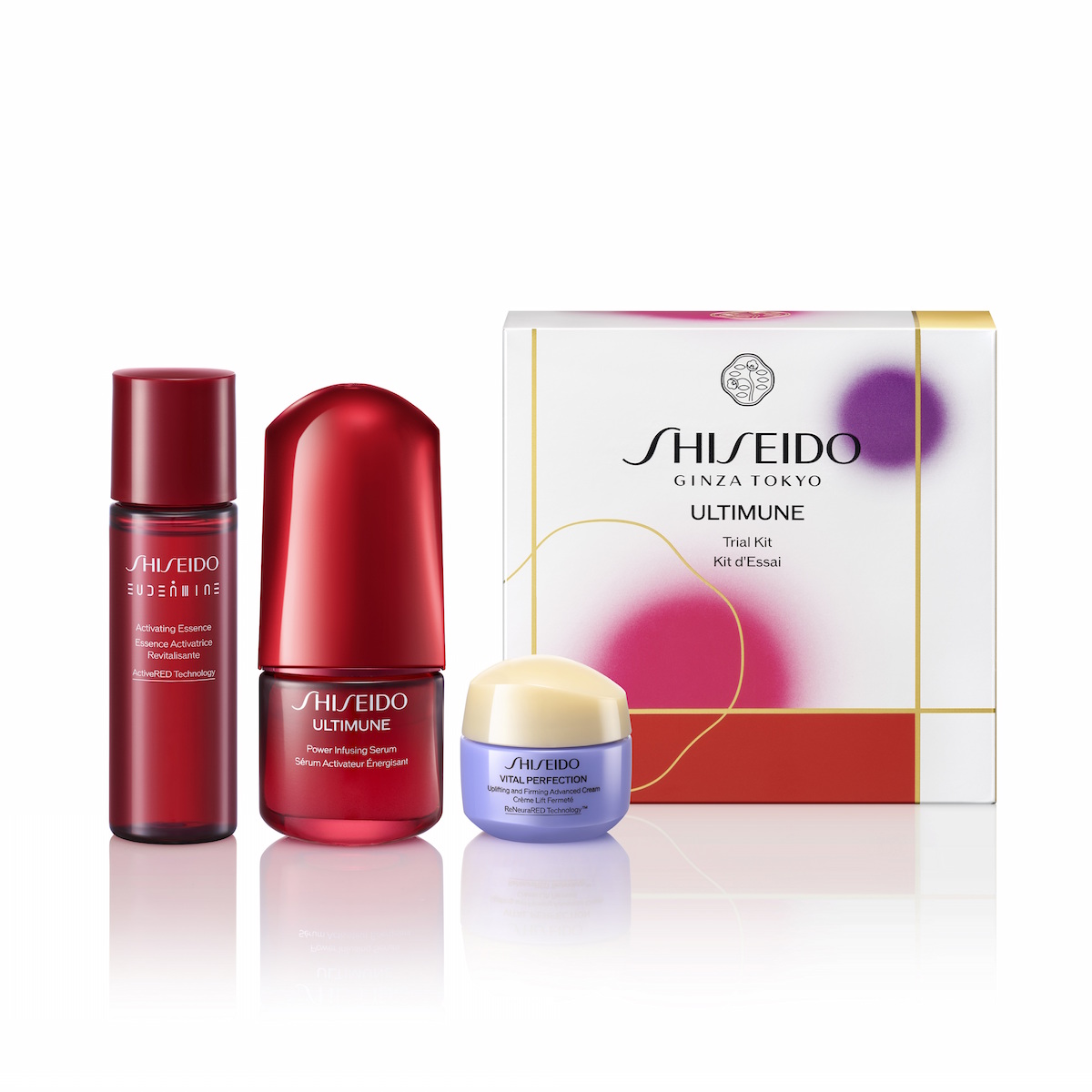 SHISEIDO アルティミューン™ トライアル キット(左から: SHISEIDO オイデルミン エッセンスローション 30ml、SHISEIDO アルティミューン™ パワライジング セラム 15ml、バイタルパーフェクション アドバンスクリーム(医薬部外品) 15g) ¥7,700(9/10限定発売)