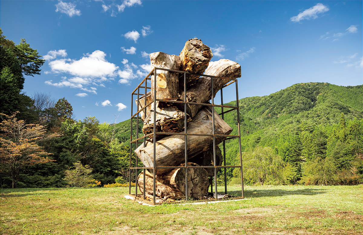 岐阜県出身のアーティスト、西澤利高の《すべてに魂があって すべての魂はひとつだった》。鉄の格子に朽ちかけたケヤキが押し込まれている。Photo:Osamu Nakamura